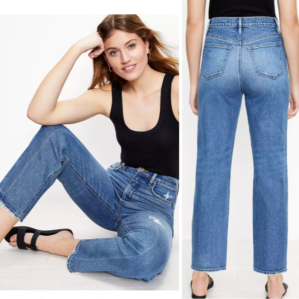 NEW LOFT The 90s Straight Ankle Distressed Women’s Jean Indigo Wash Size 24 - Picture 1 of 13